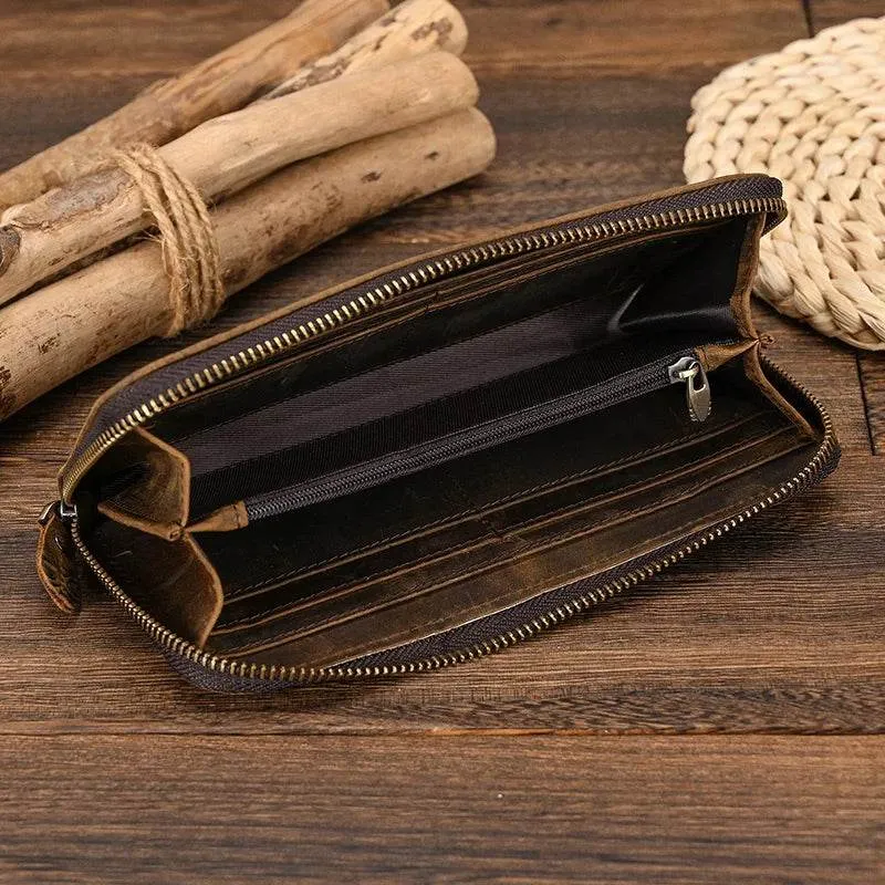Men's Zip Long Wallet Natural Cowhide for Cards, Cash & Phone