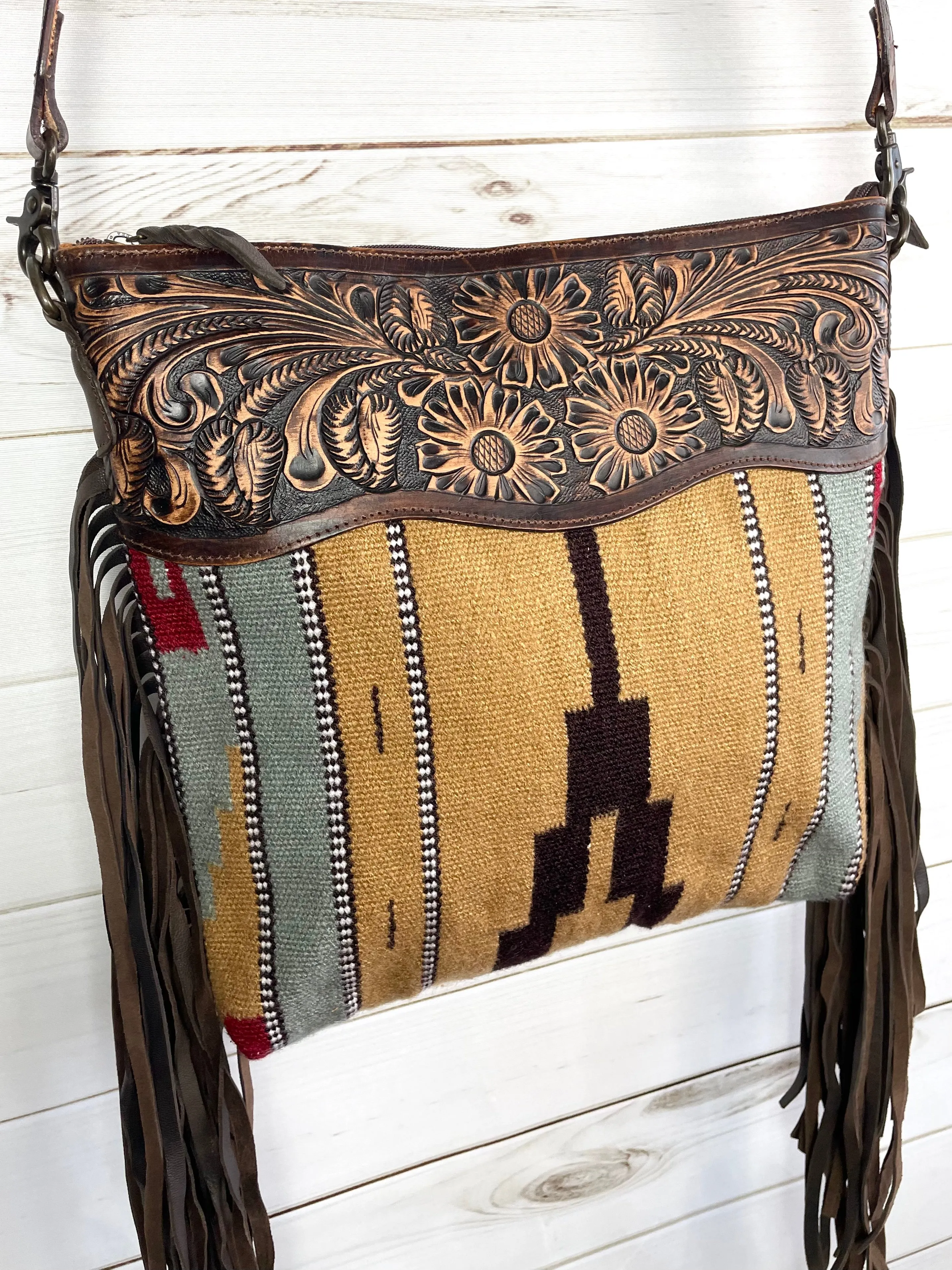 Mohave Tan & Grey Wool and Leather Tooled Bag