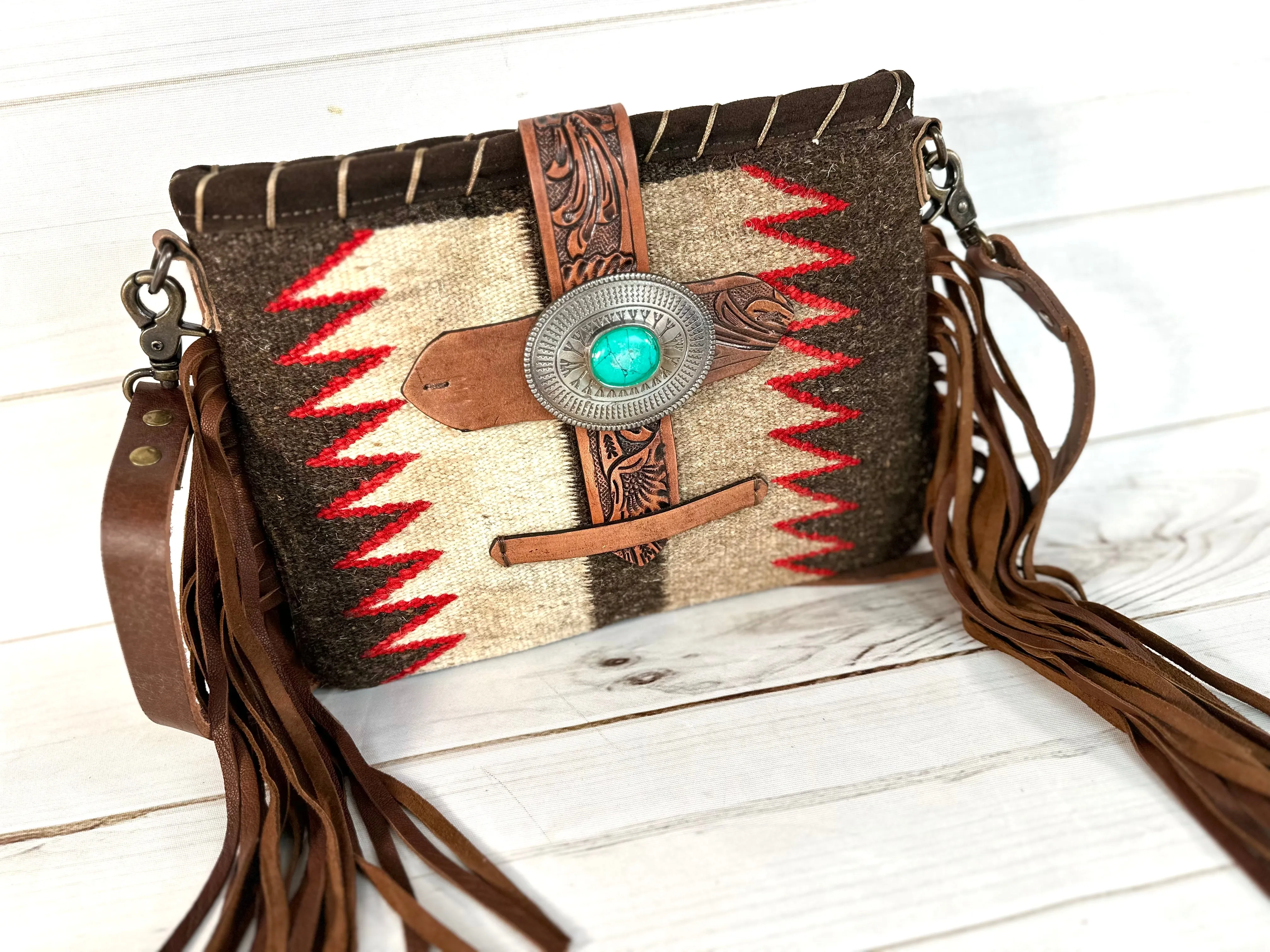Montana Style Brown Wool Blend Leather Fringe Handbag