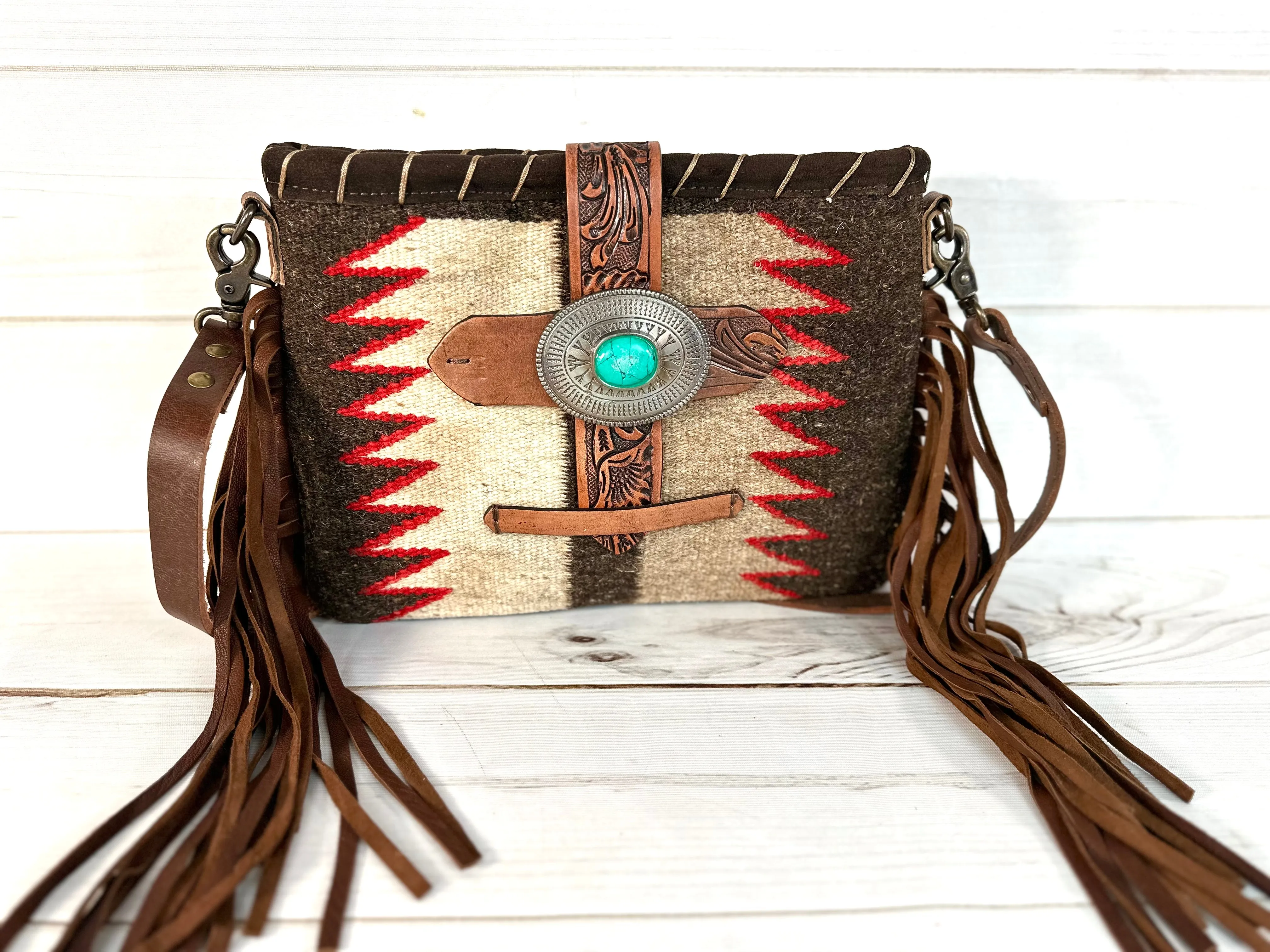 Montana Style Brown Wool Blend Leather Fringe Handbag