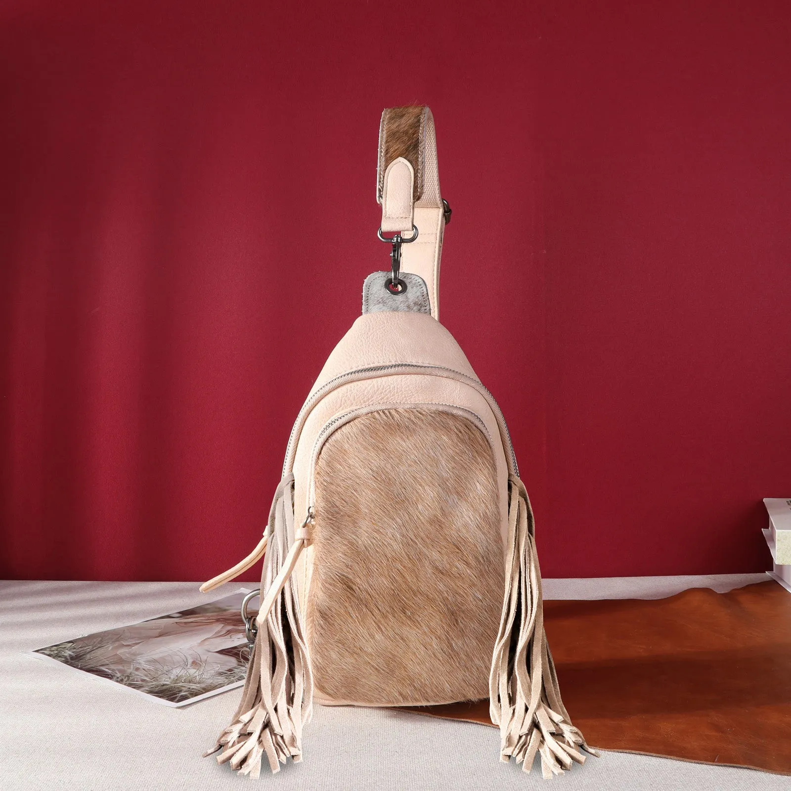 MW1239-S9110   Montana West Genuine Hair-On Cowhide Fringe Sling Bag