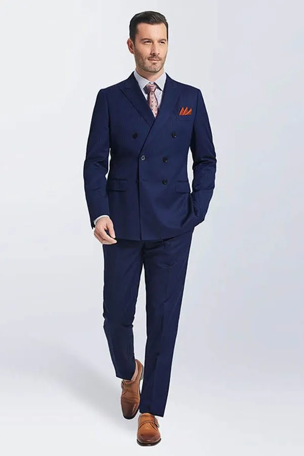 Navy Blue Double Breasted Peak Lapel Slim Fit Mens Suits