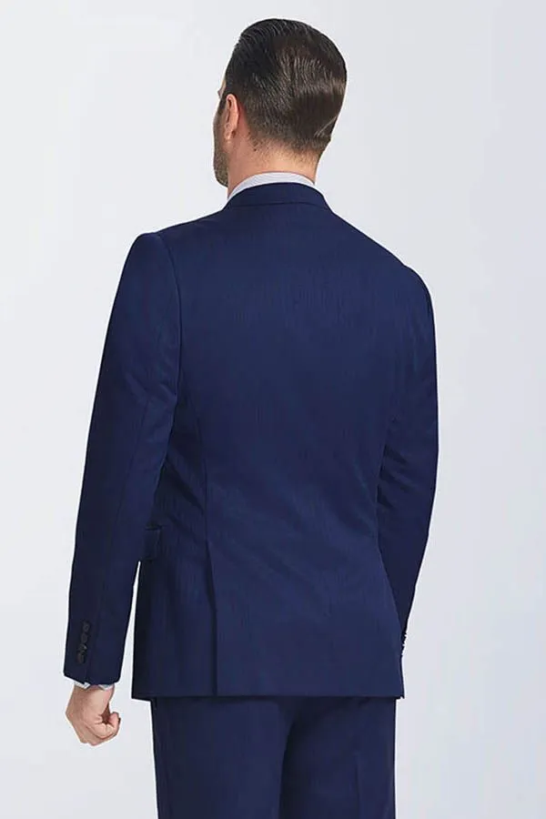 Navy Blue Double Breasted Peak Lapel Slim Fit Mens Suits