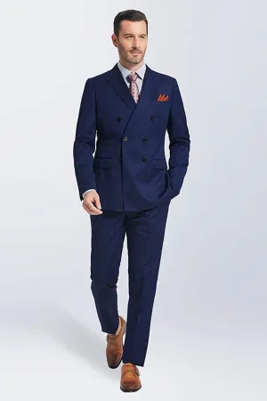 Navy Blue Double Breasted Peak Lapel Slim Fit Mens Suits