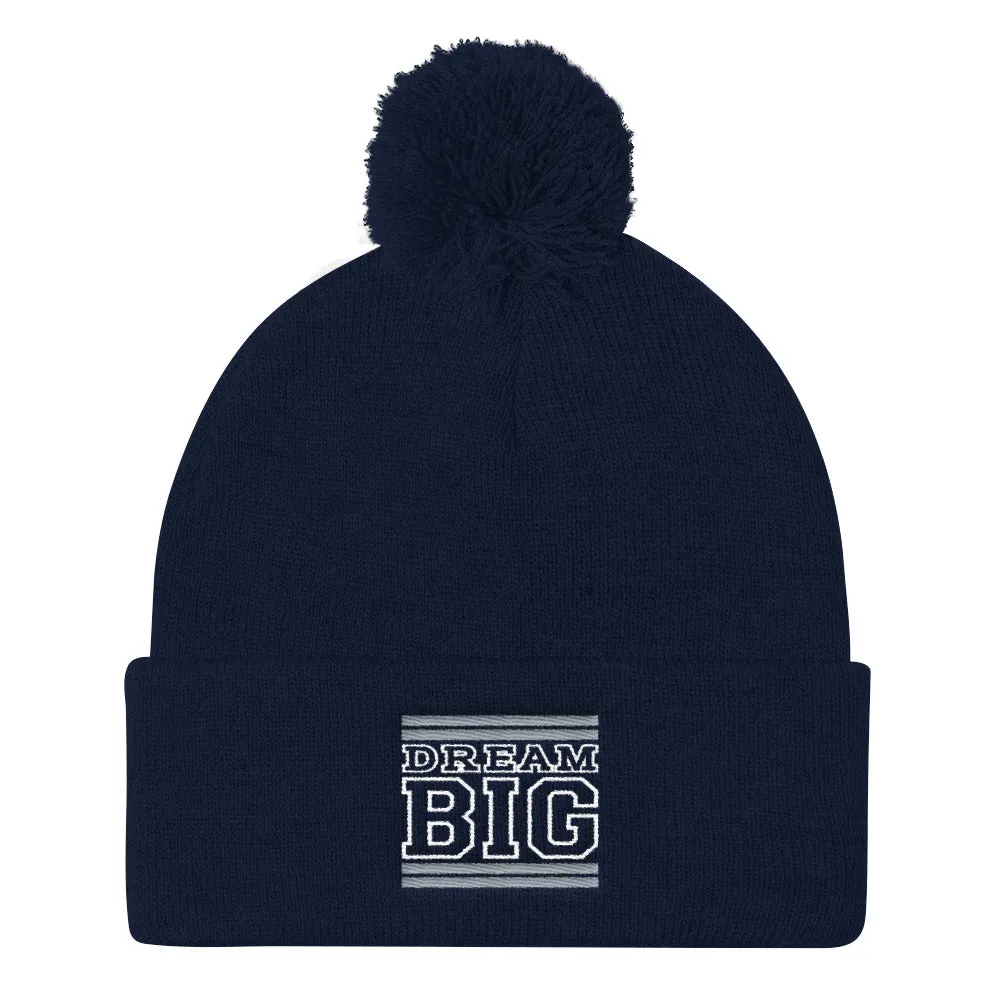 Navy Blue Grey and White Pom Pom Beanie