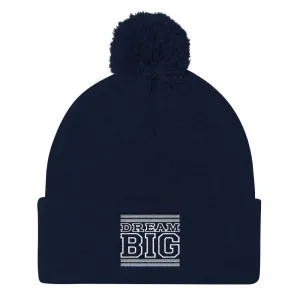 Navy Blue Grey and White Pom Pom Beanie