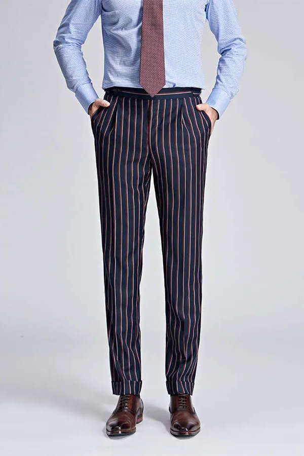 New Arrival Stripes Dark Navy Mens Suits Peak Lapel Three Flap Pockets Suits for Men