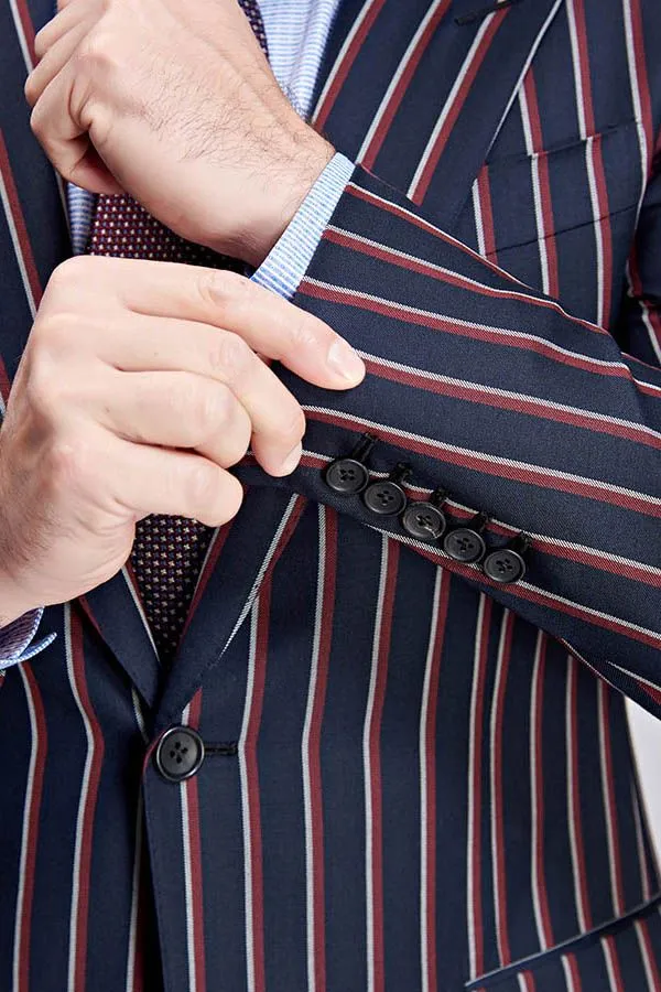 New Arrival Stripes Dark Navy Mens Suits Peak Lapel Three Flap Pockets Suits for Men