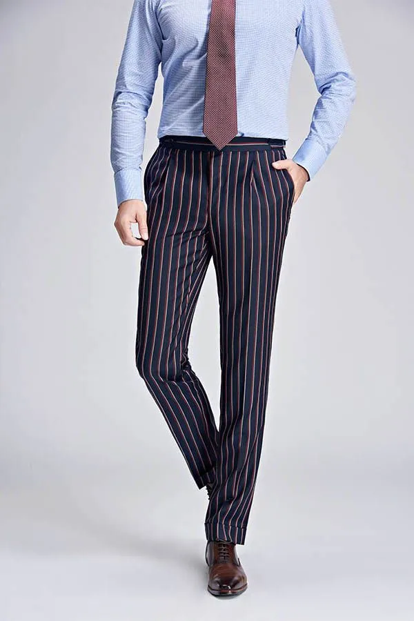 New Arrival Stripes Dark Navy Mens Suits Peak Lapel Three Flap Pockets Suits for Men