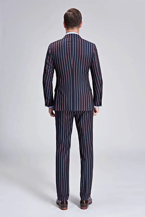 New Arrival Stripes Dark Navy Mens Suits Peak Lapel Three Flap Pockets Suits for Men