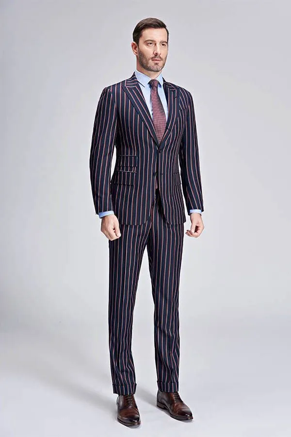 New Arrival Stripes Dark Navy Mens Suits Peak Lapel Three Flap Pockets Suits for Men