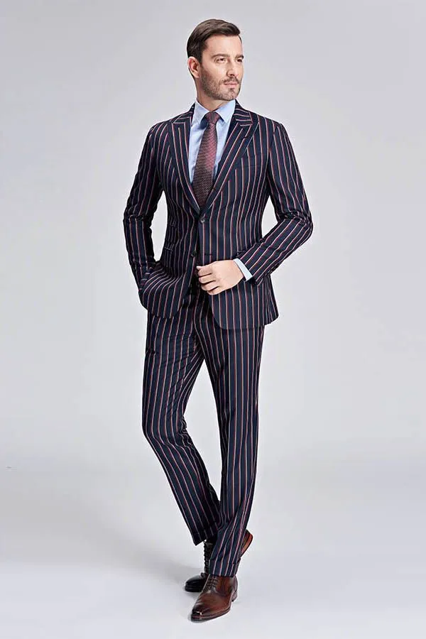 New Arrival Stripes Dark Navy Mens Suits Peak Lapel Three Flap Pockets Suits for Men