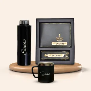 Personalised Black Classic Smart Bottle (1 Litre), Stainless Steel Mug & All in One Men's Combo (2 pcs) - Black