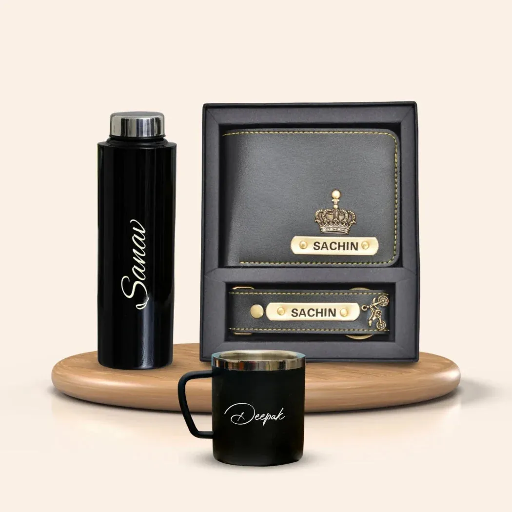 Personalised Black Classic Smart Bottle (1 Litre), Stainless Steel Mug & All in One Men's Combo (2 pcs) - Black