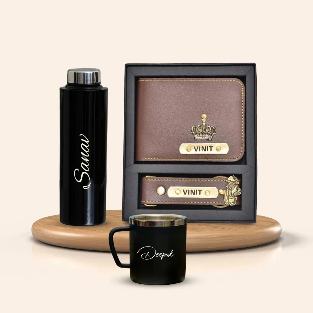 Personalised Black Classic Smart Bottle (1 Litre), Stainless Steel Mug & All in One Men's Combo (2 pcs) - Brown