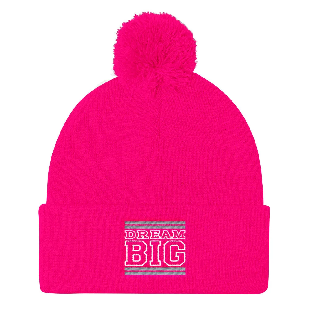 Pink Grey and White Pom Pom Beanie