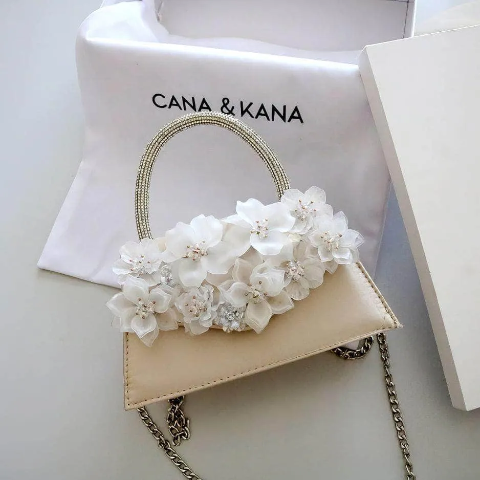 Rhinestone Top Handle 3D Floral Clutch Bag