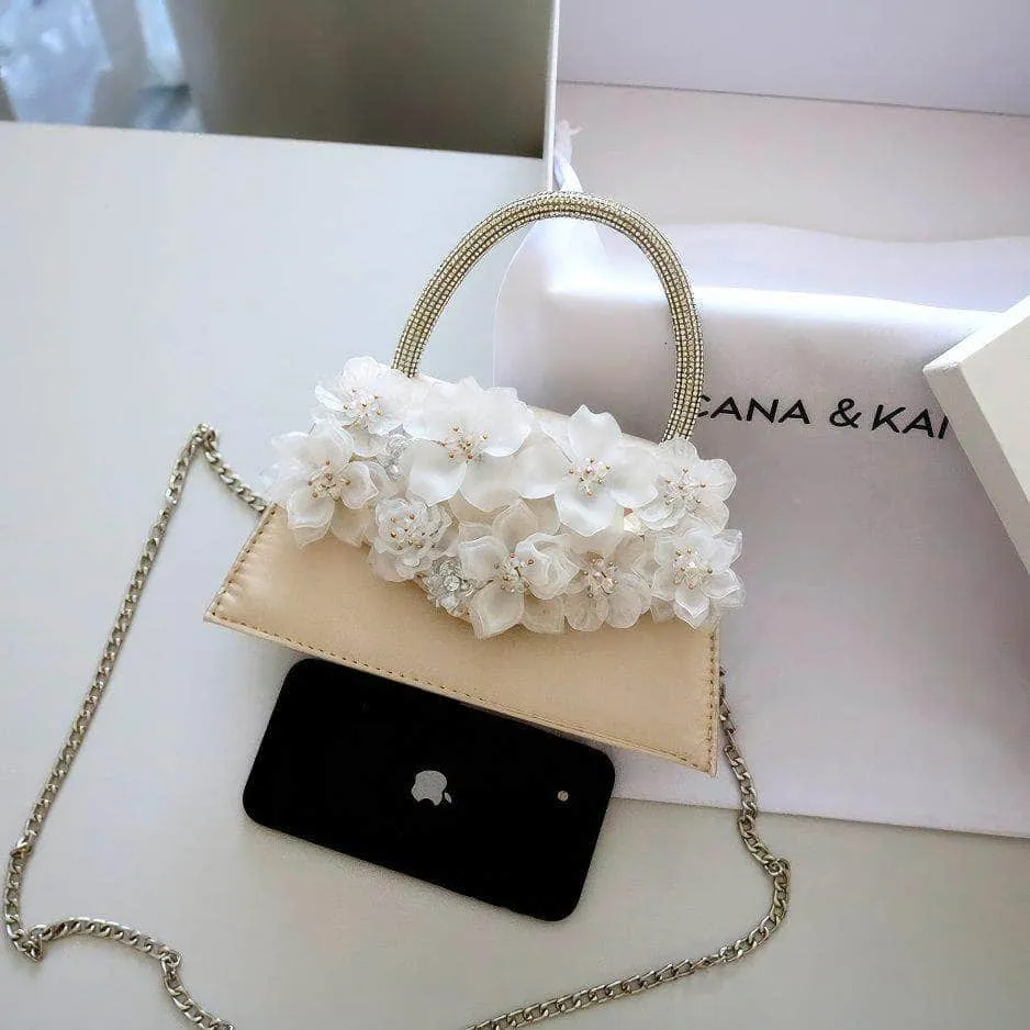 Rhinestone Top Handle 3D Floral Clutch Bag
