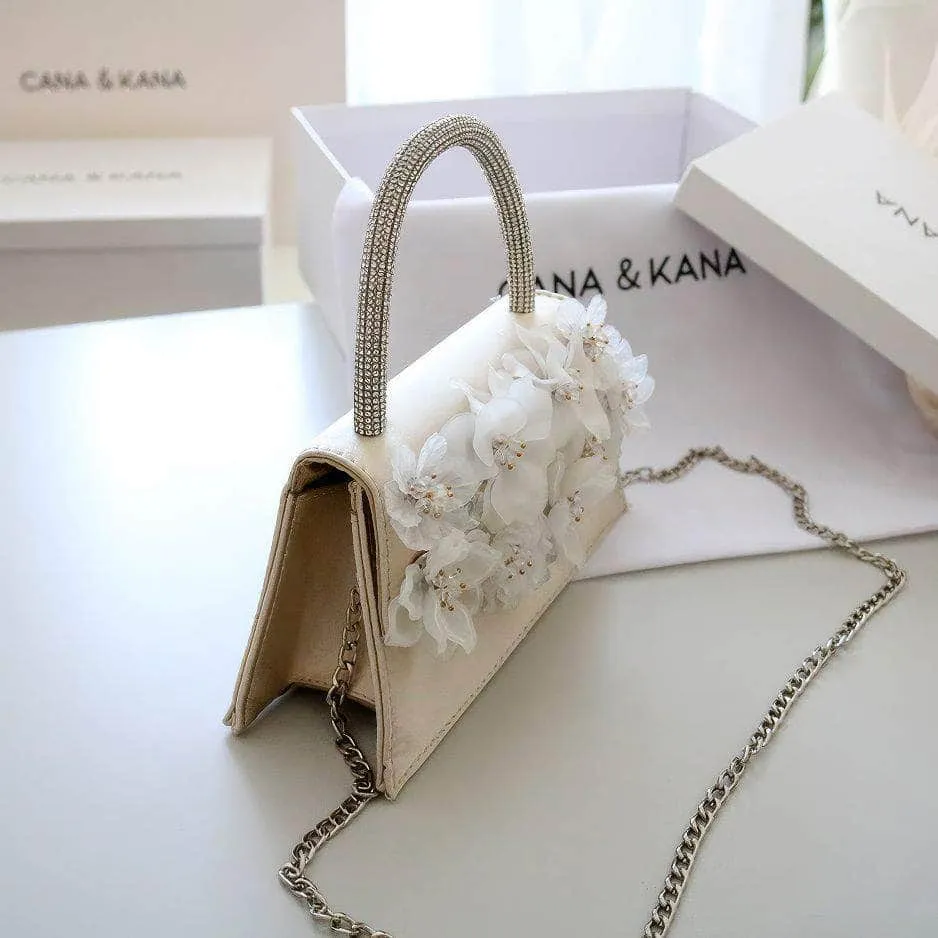 Rhinestone Top Handle 3D Floral Clutch Bag