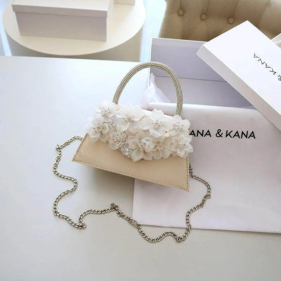 Rhinestone Top Handle 3D Floral Clutch Bag