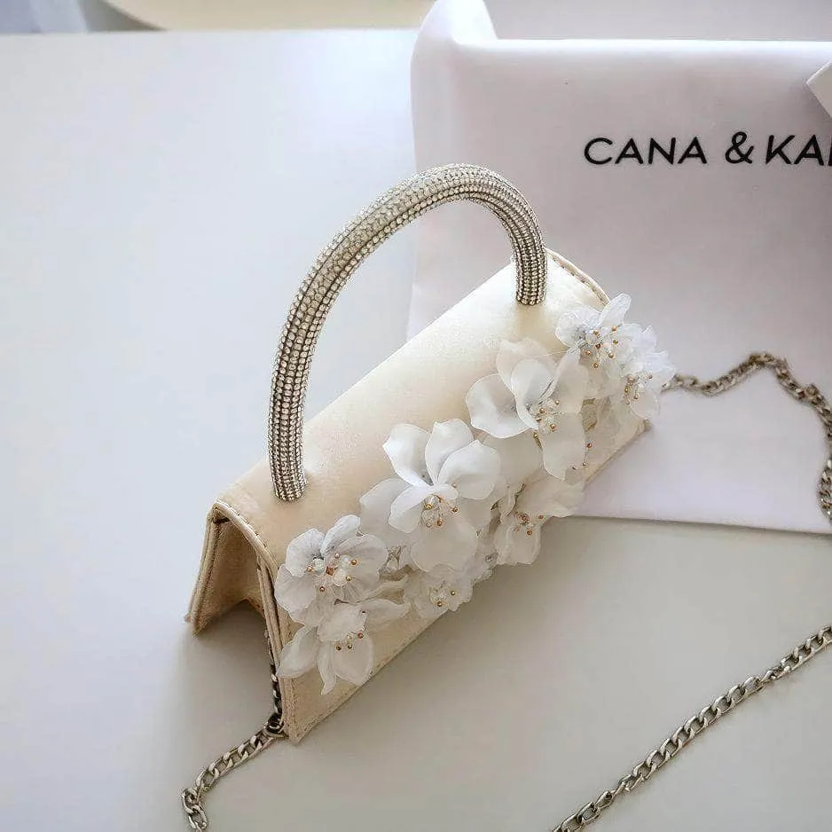 Rhinestone Top Handle 3D Floral Clutch Bag
