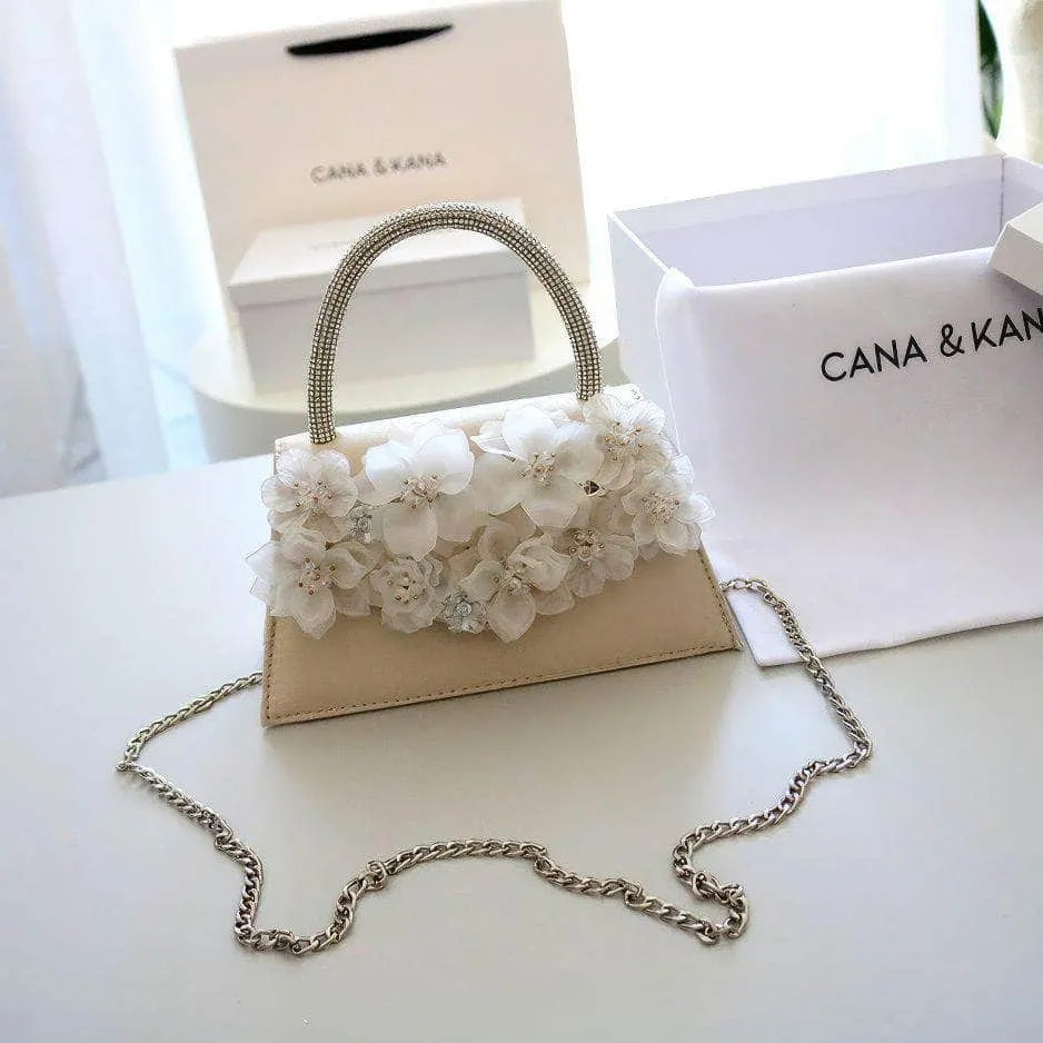 Rhinestone Top Handle 3D Floral Clutch Bag