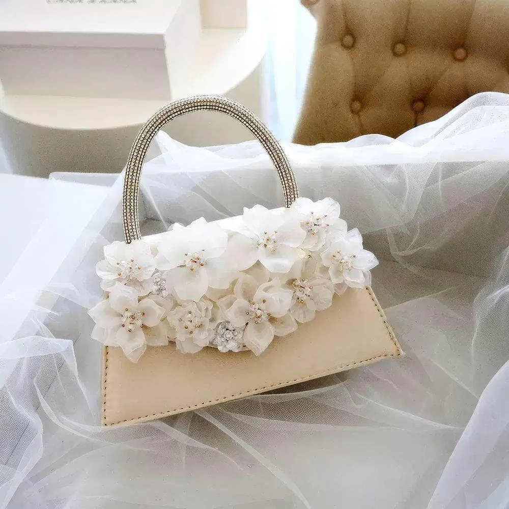 Rhinestone Top Handle 3D Floral Clutch Bag