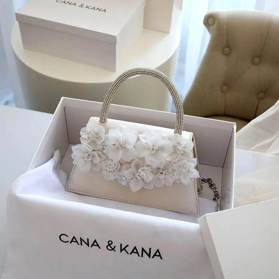 Rhinestone Top Handle 3D Floral Clutch Bag
