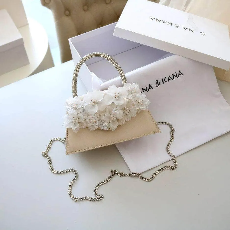 Rhinestone Top Handle 3D Floral Clutch Bag
