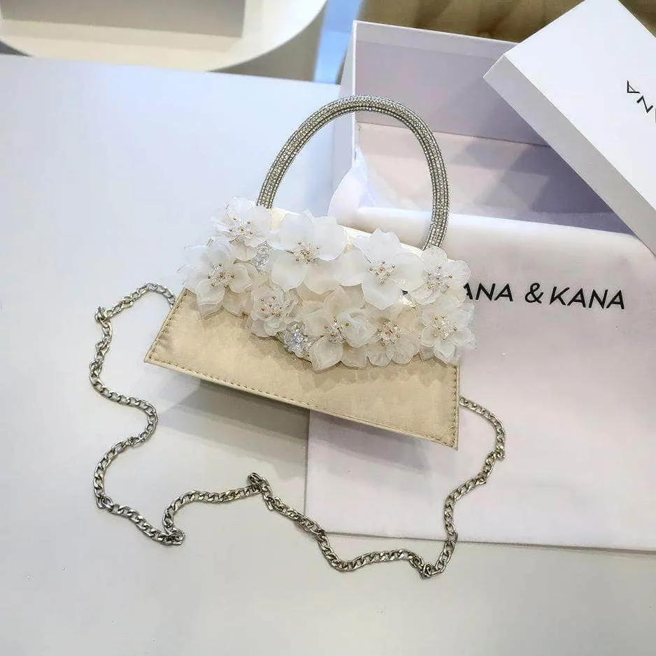 Rhinestone Top Handle 3D Floral Clutch Bag