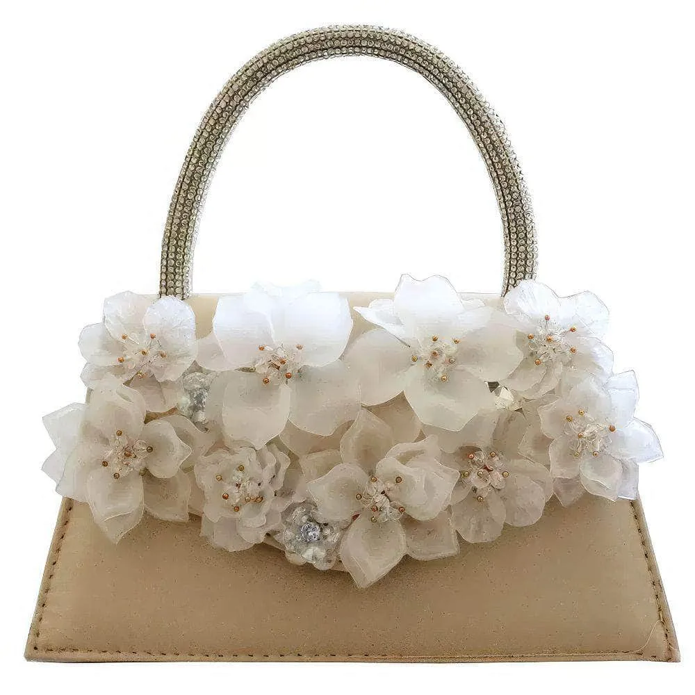Rhinestone Top Handle 3D Floral Clutch Bag