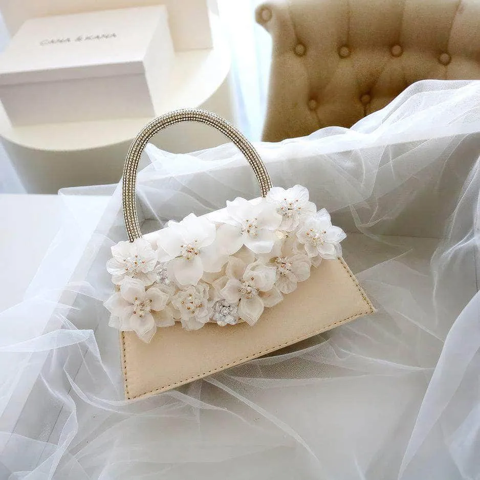 Rhinestone Top Handle 3D Floral Clutch Bag