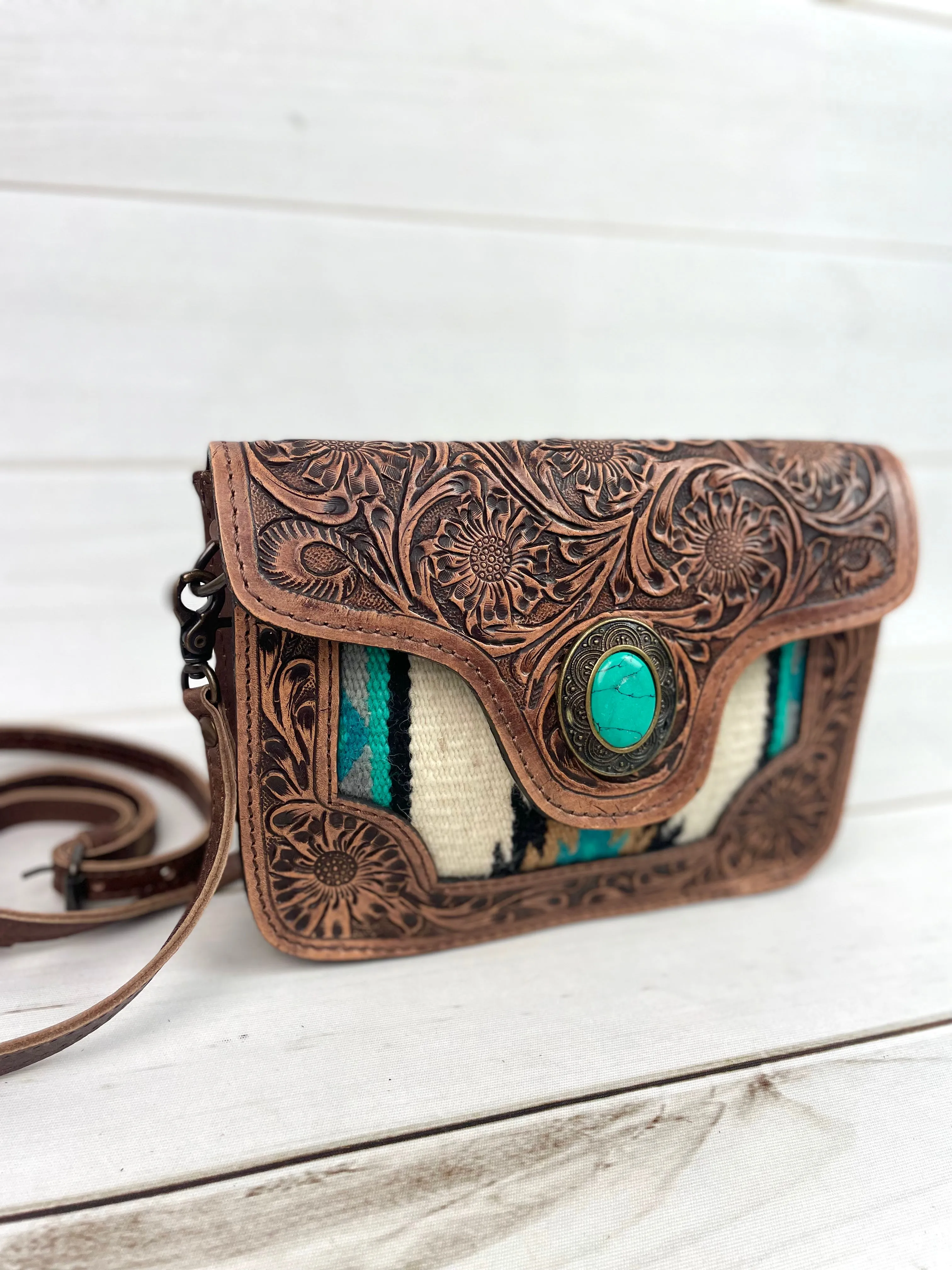 Safford Turquoise & Cream Wool Leather Tooled Border Crossbody Purse