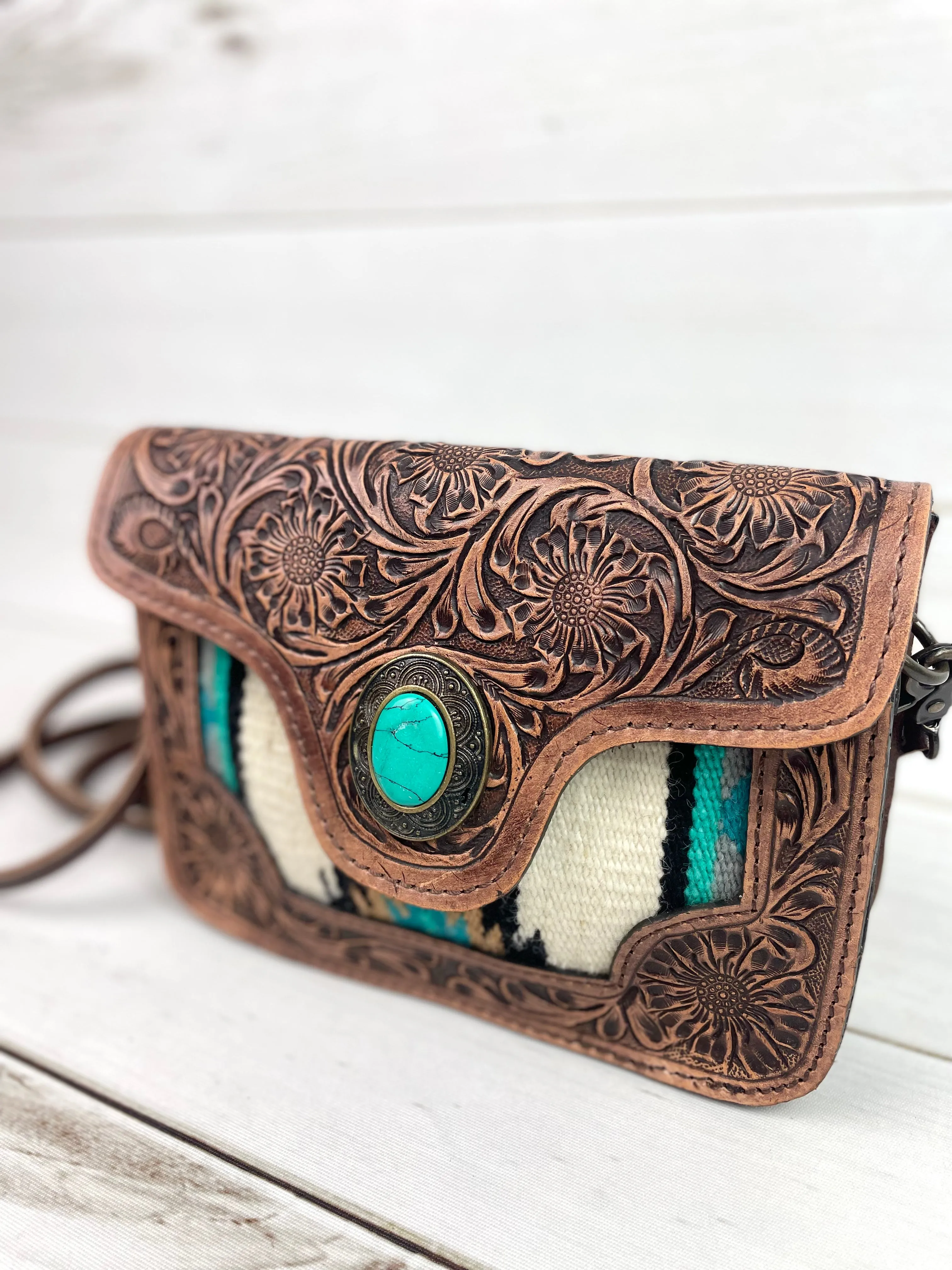 Safford Turquoise & Cream Wool Leather Tooled Border Crossbody Purse
