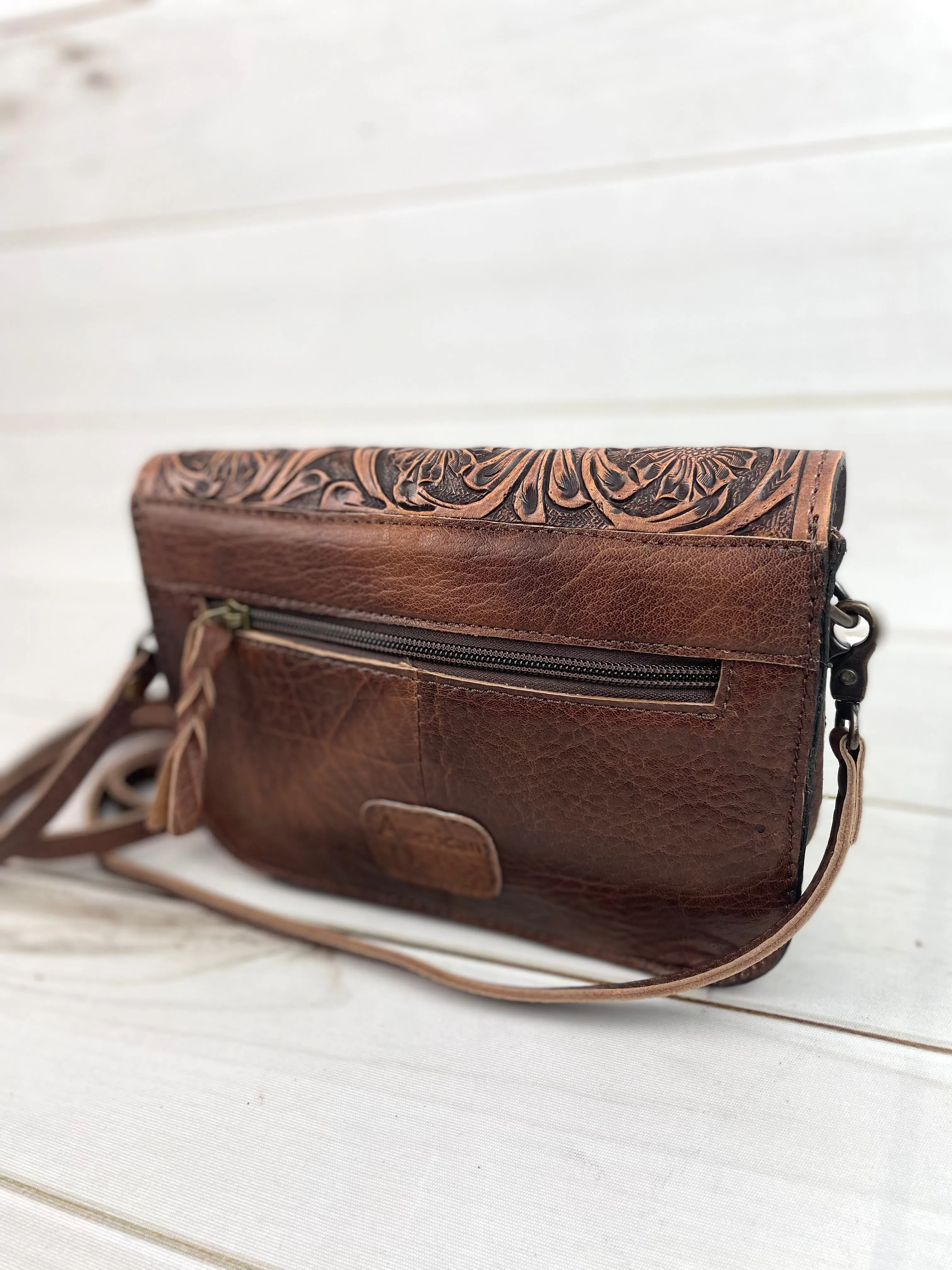 Safford Turquoise & Cream Wool Leather Tooled Border Crossbody Purse