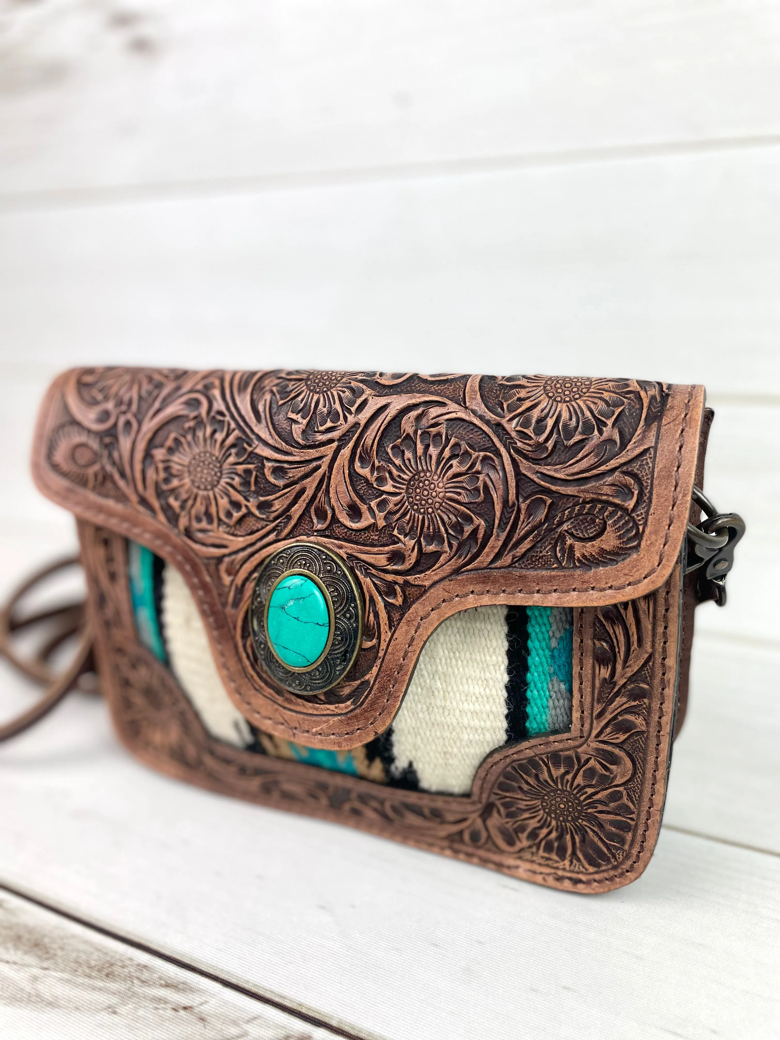Safford Turquoise & Cream Wool Leather Tooled Border Crossbody Purse