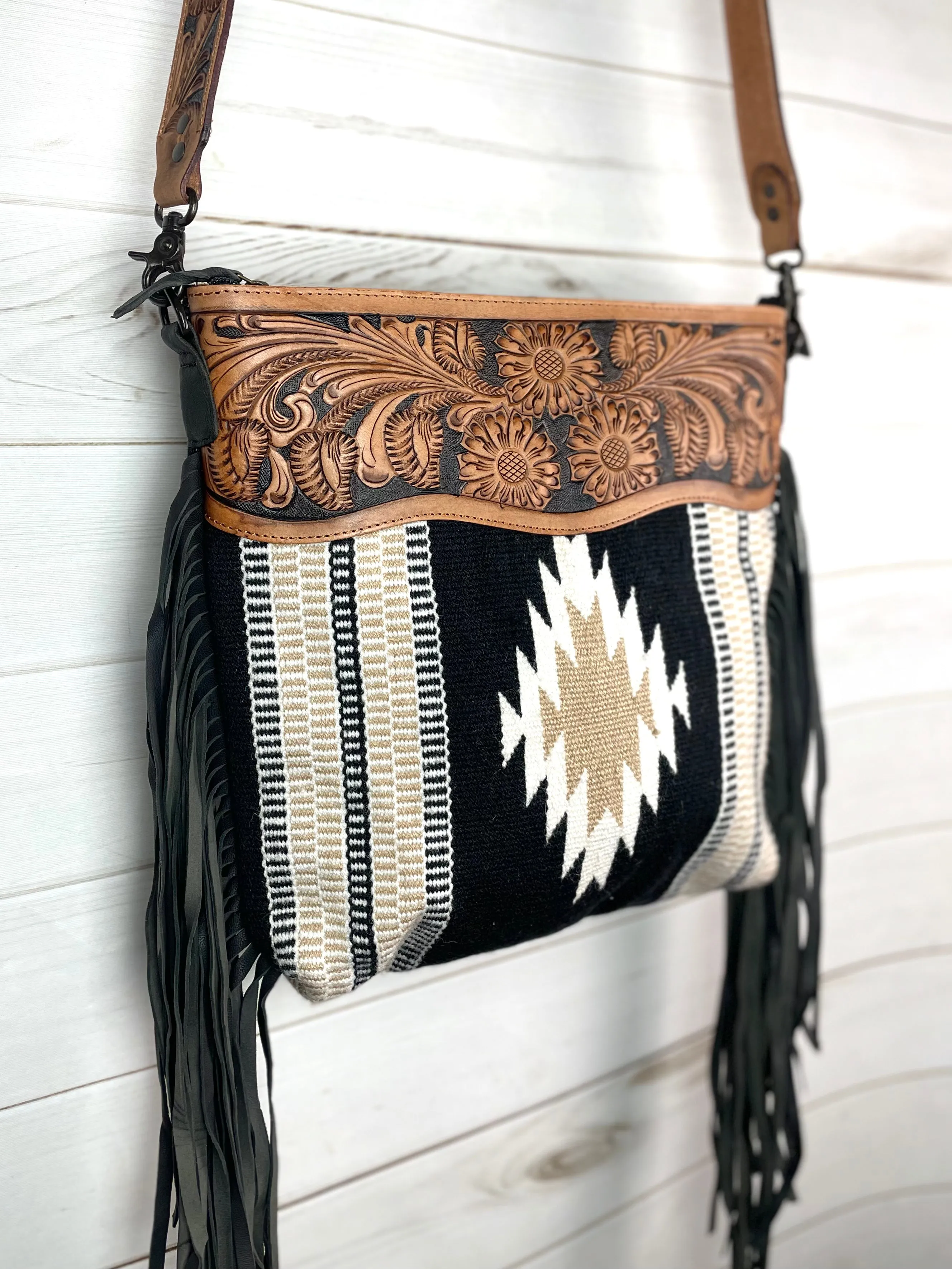 Santa Fe Tan and Black Diamond Wool Leather Tooled Fringe Handbag