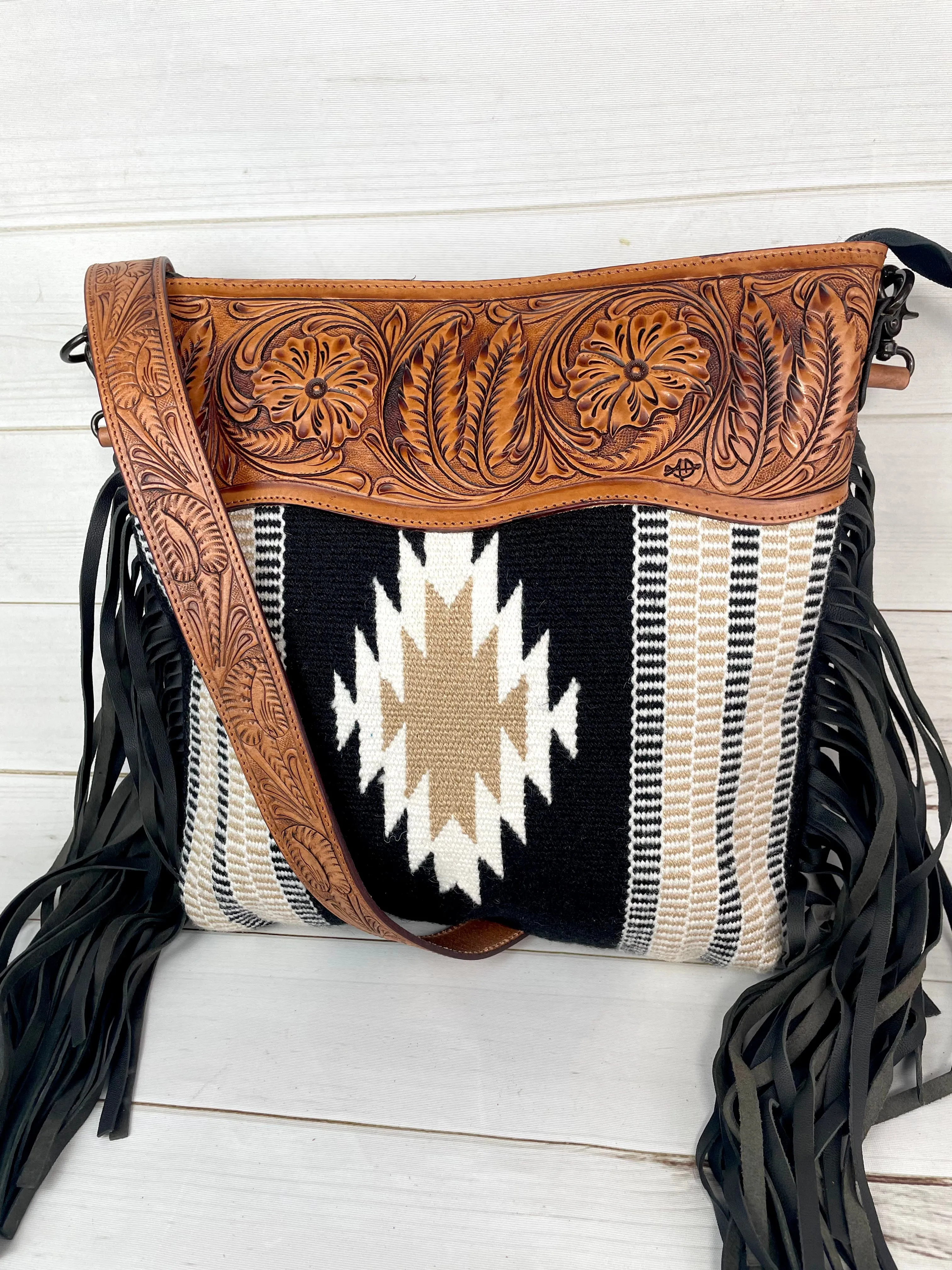 Santa Fe Tan and Black Diamond Wool Leather Tooled Fringe Handbag