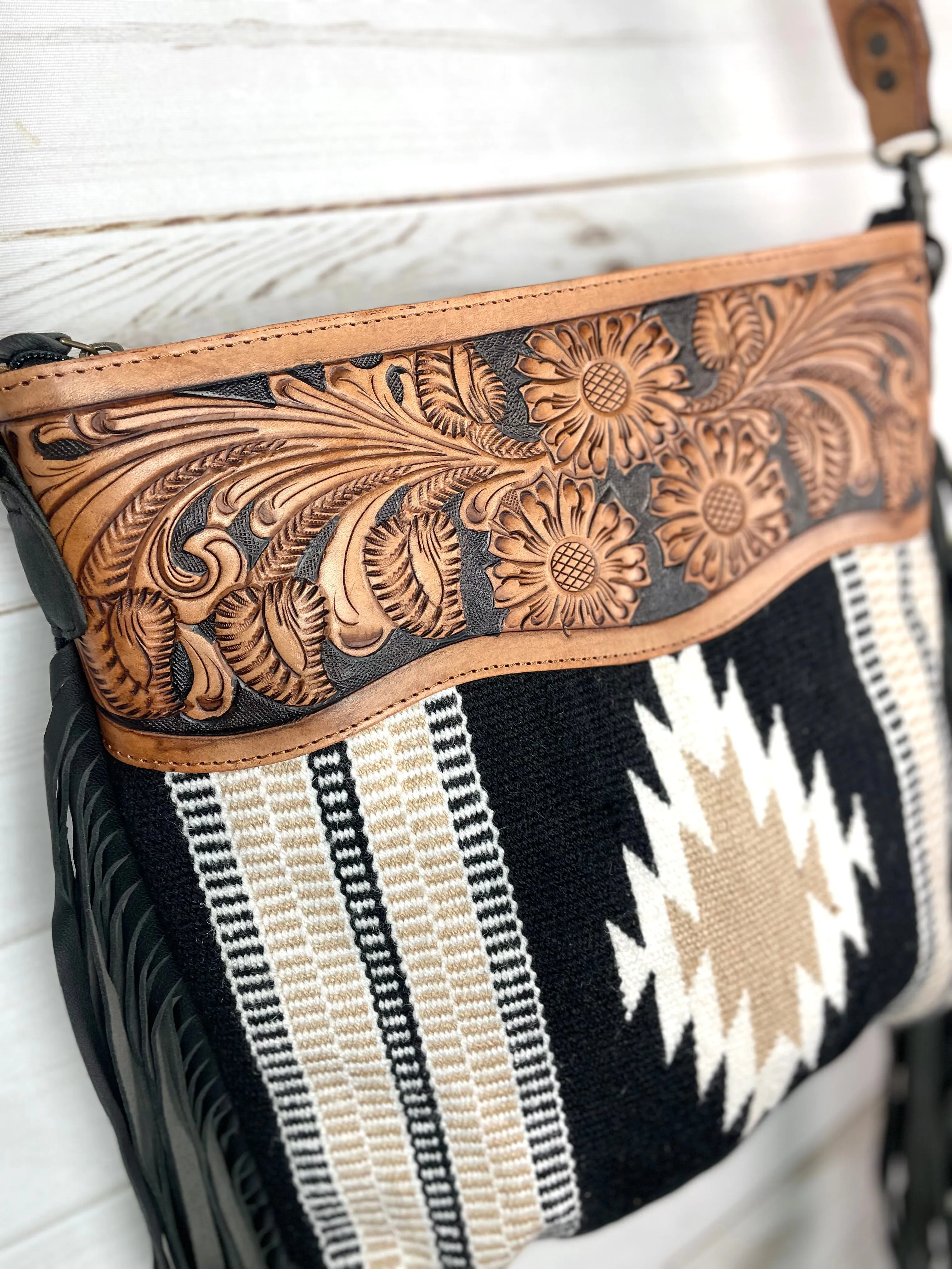 Santa Fe Tan and Black Diamond Wool Leather Tooled Fringe Handbag