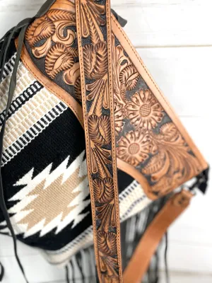 Santa Fe Tan and Black Diamond Wool Leather Tooled Fringe Handbag
