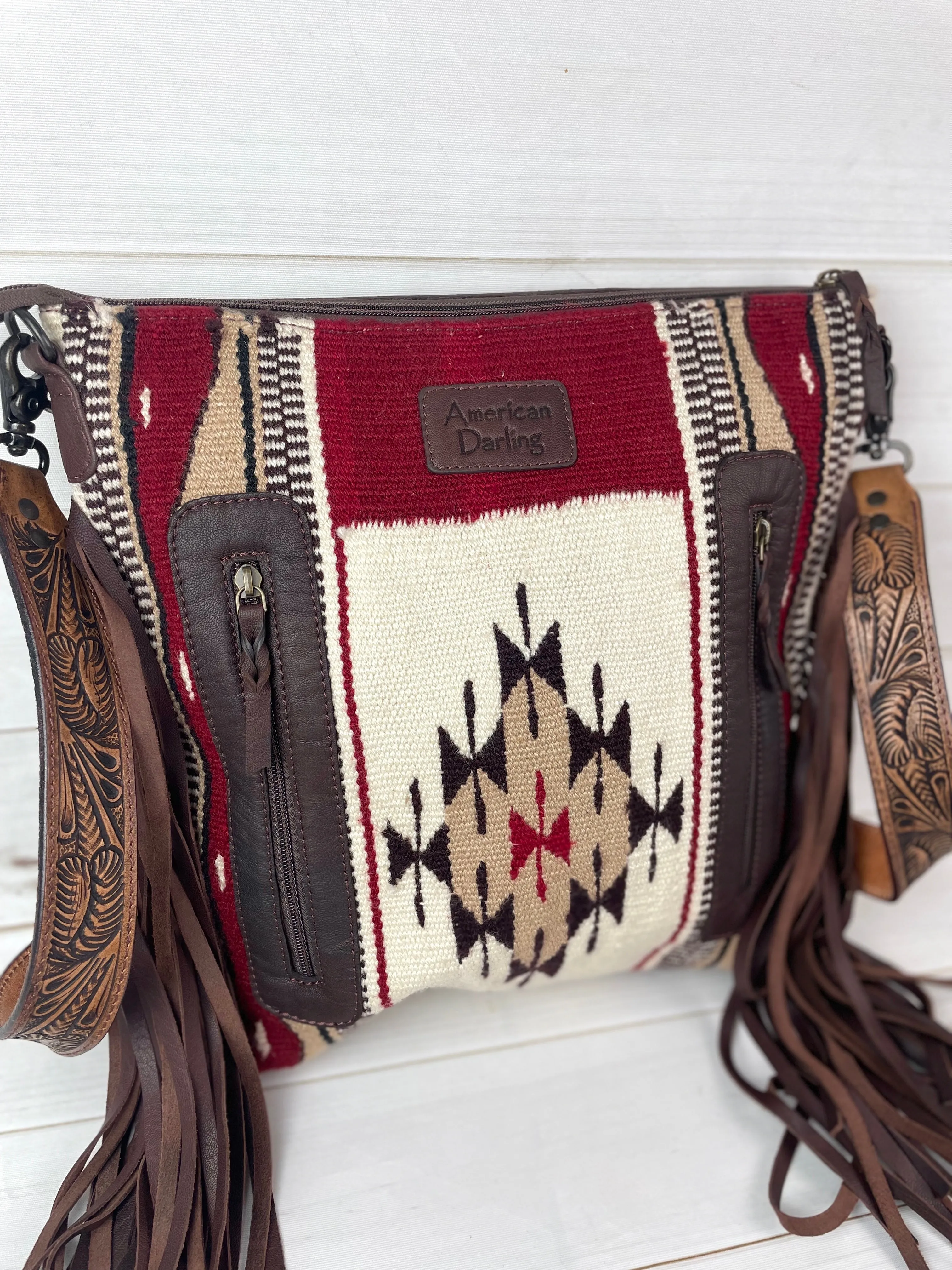 Summer Tan and Wine Pattern Wool & Leather Tooled Crossbody Handbag