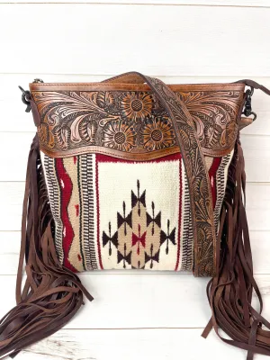 Summer Tan and Wine Pattern Wool & Leather Tooled Crossbody Handbag