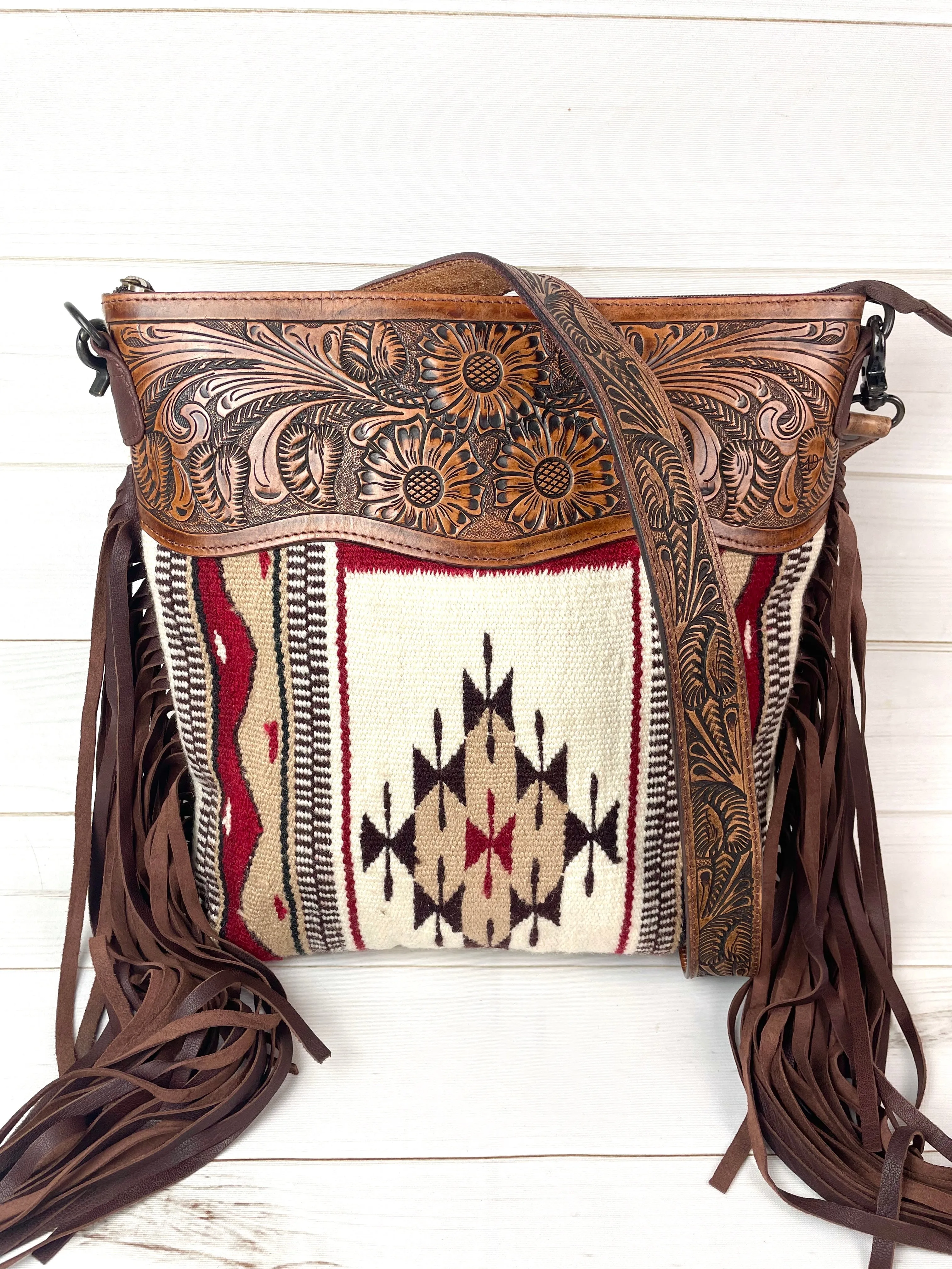 Summer Tan and Wine Pattern Wool & Leather Tooled Crossbody Handbag
