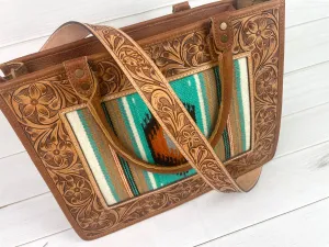 Tan Leather Tooled Turquoise & Orange Diamond Wool Tote
