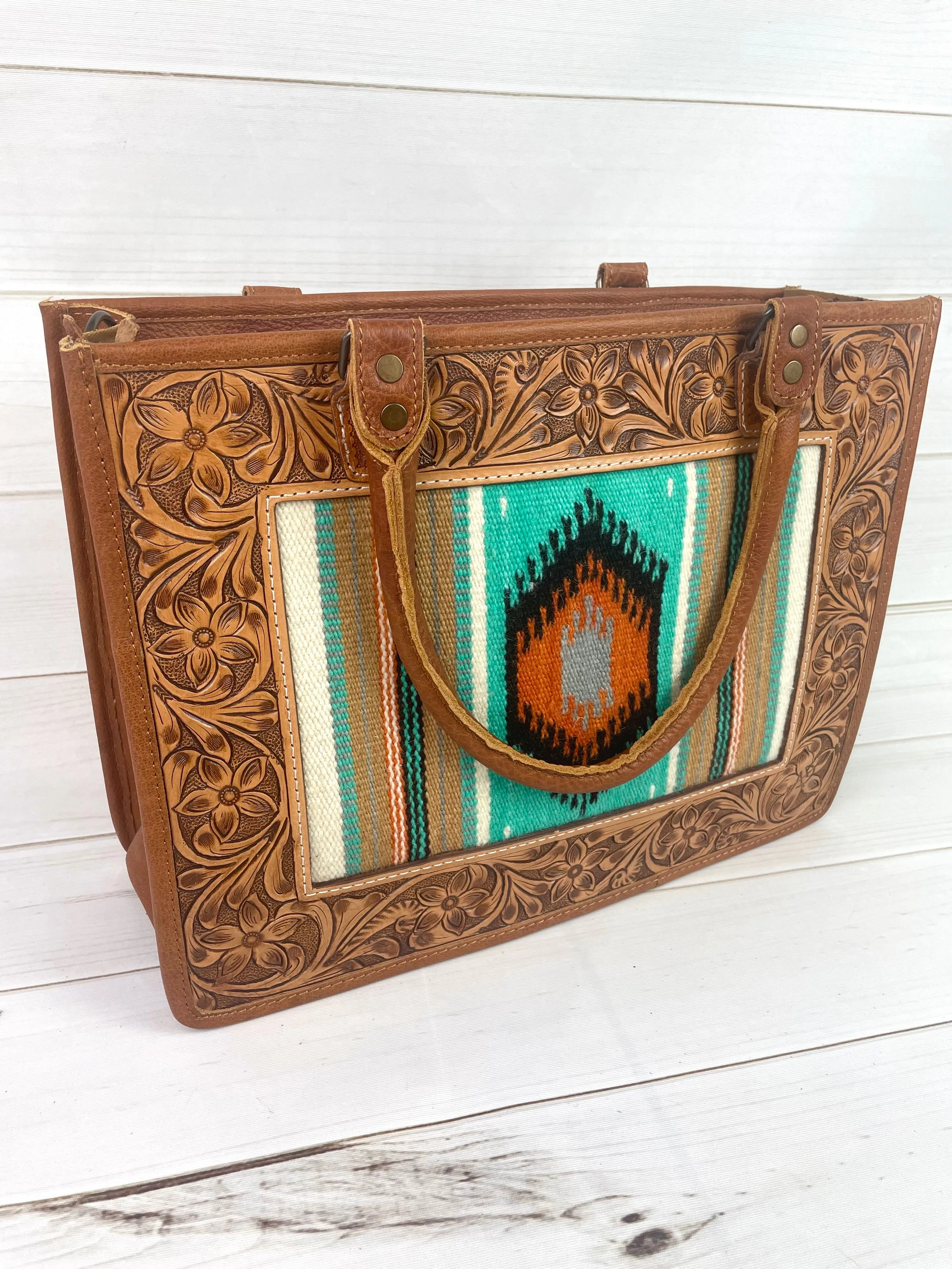 Tan Leather Tooled Turquoise & Orange Diamond Wool Tote