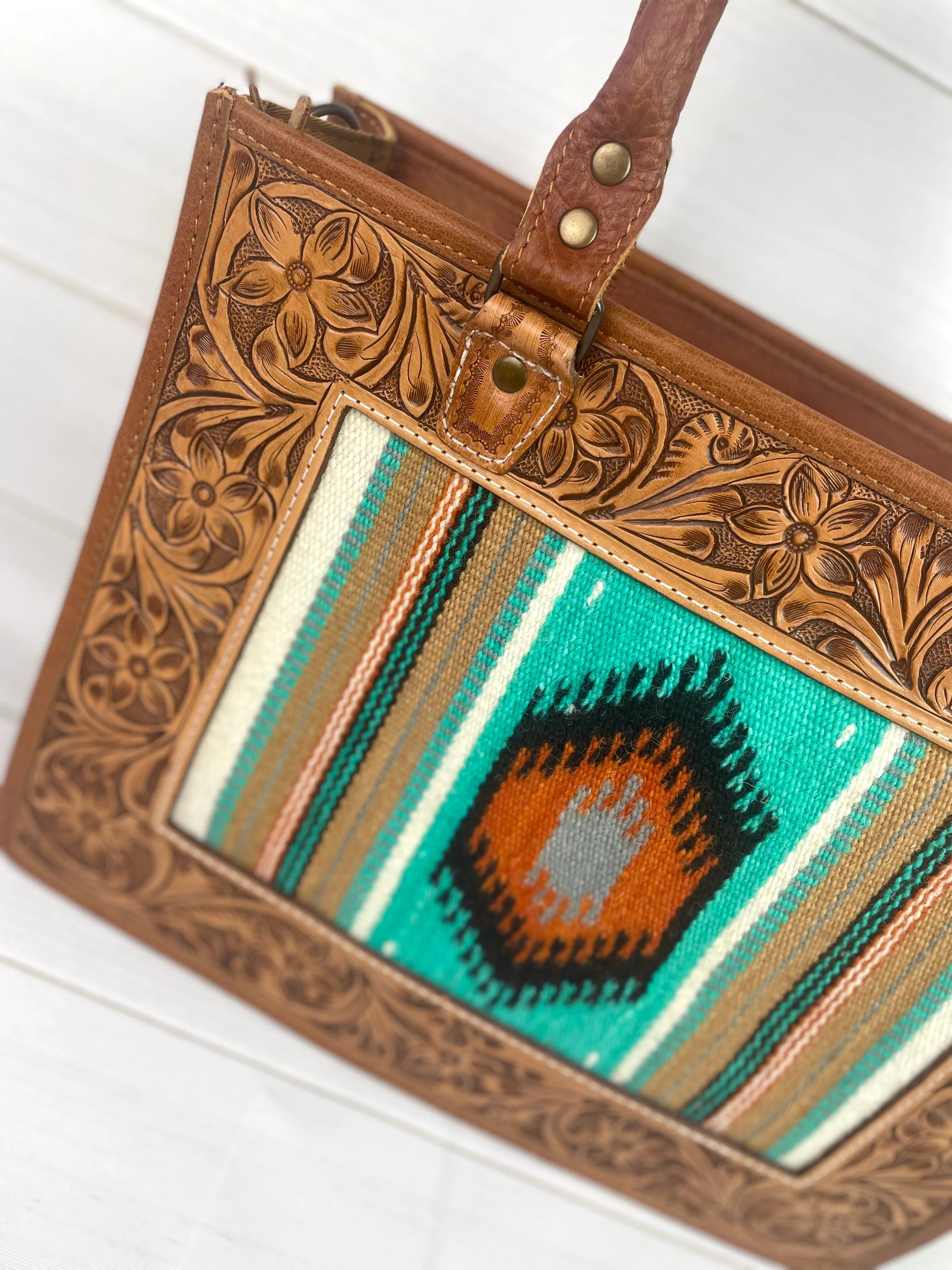 Tan Leather Tooled Turquoise & Orange Diamond Wool Tote
