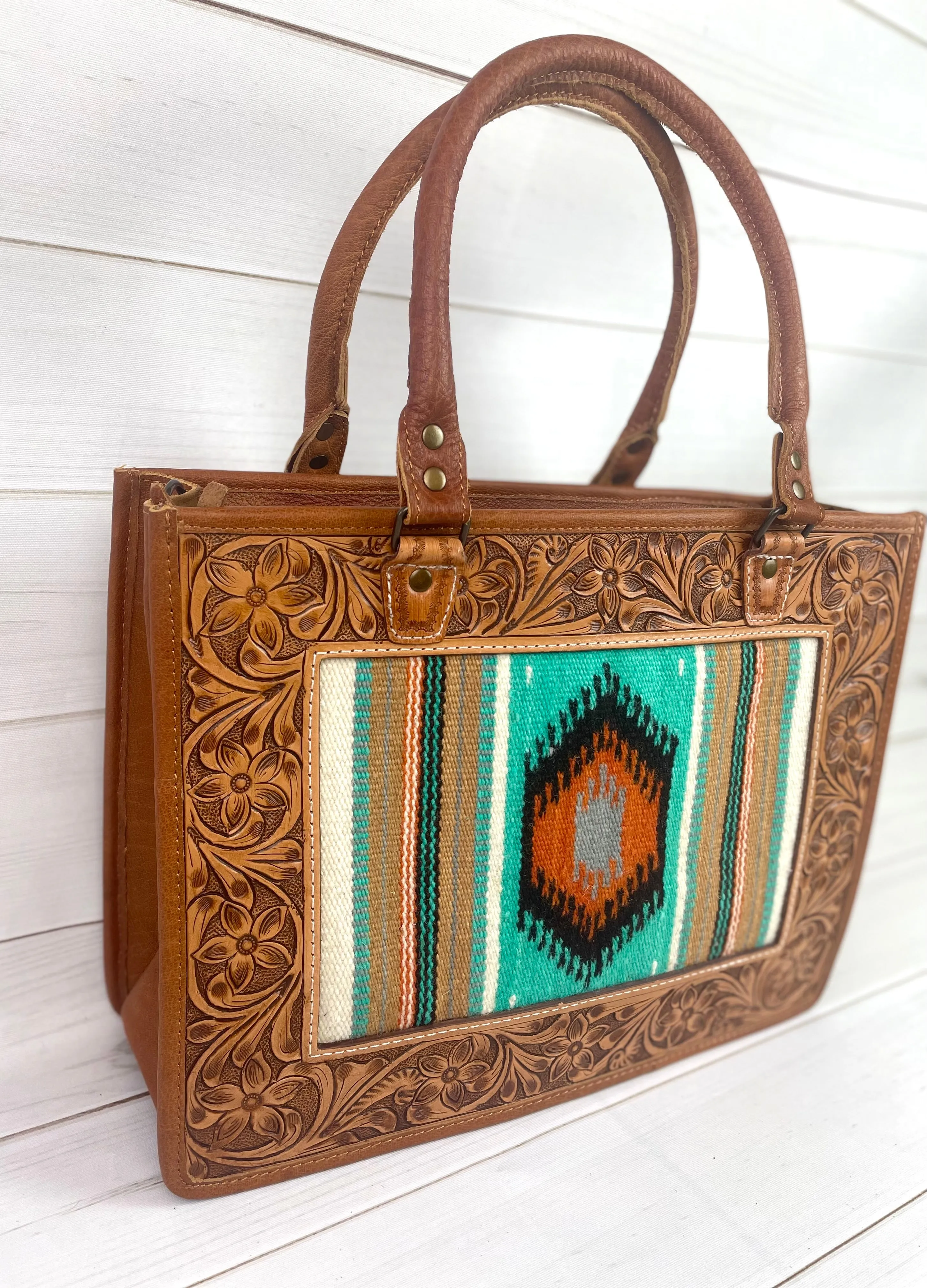 Tan Leather Tooled Turquoise & Orange Diamond Wool Tote