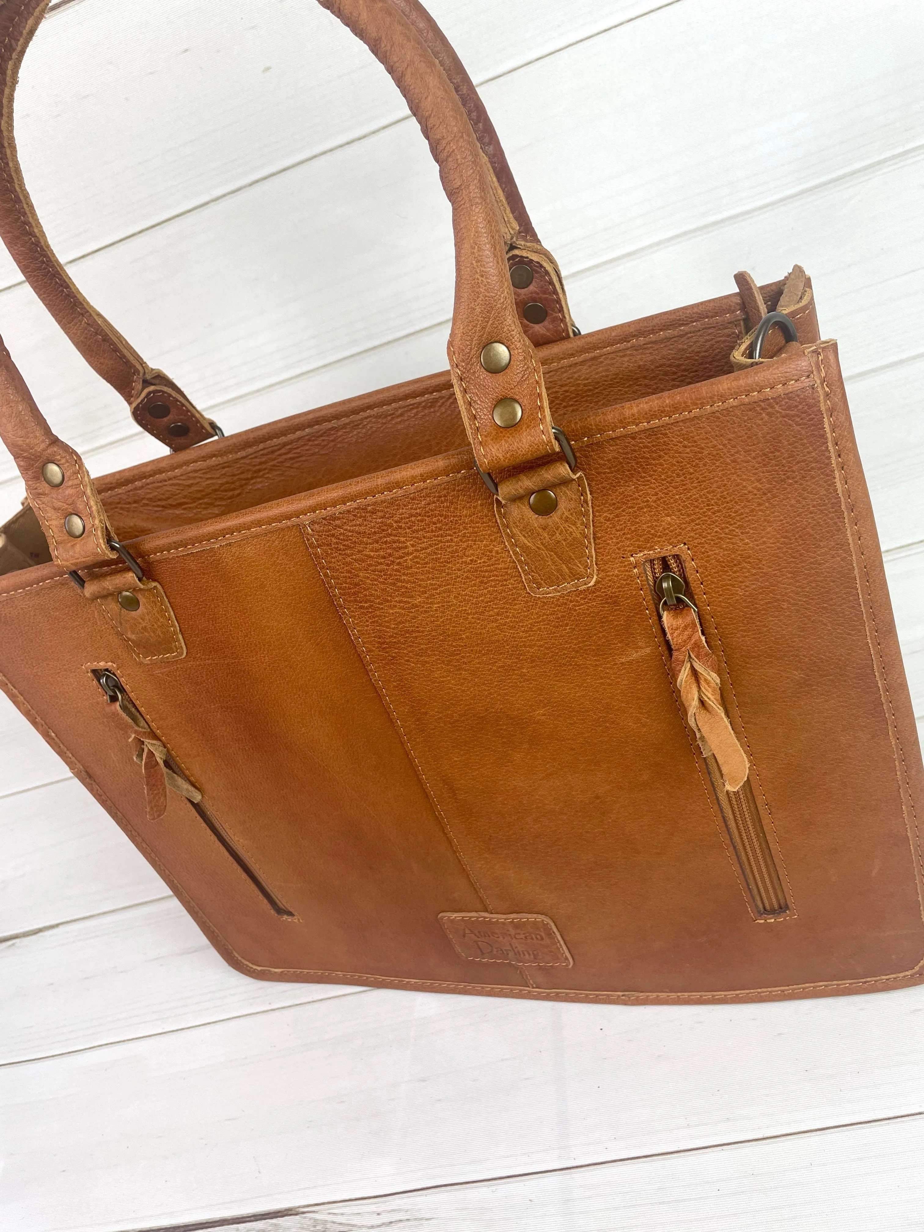 Tan Leather Tooled Turquoise & Orange Diamond Wool Tote