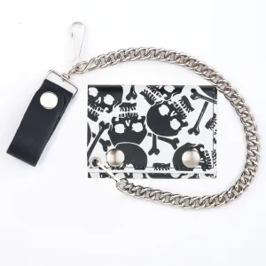 TC304-216 Tri-Fold Wallet w/ Chain- White Multi-Skull & Bones