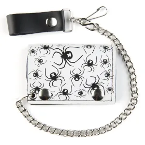 TC304-221B Tri-Fold Wallet w/ Chain- White w/ Black Multi-Spiders